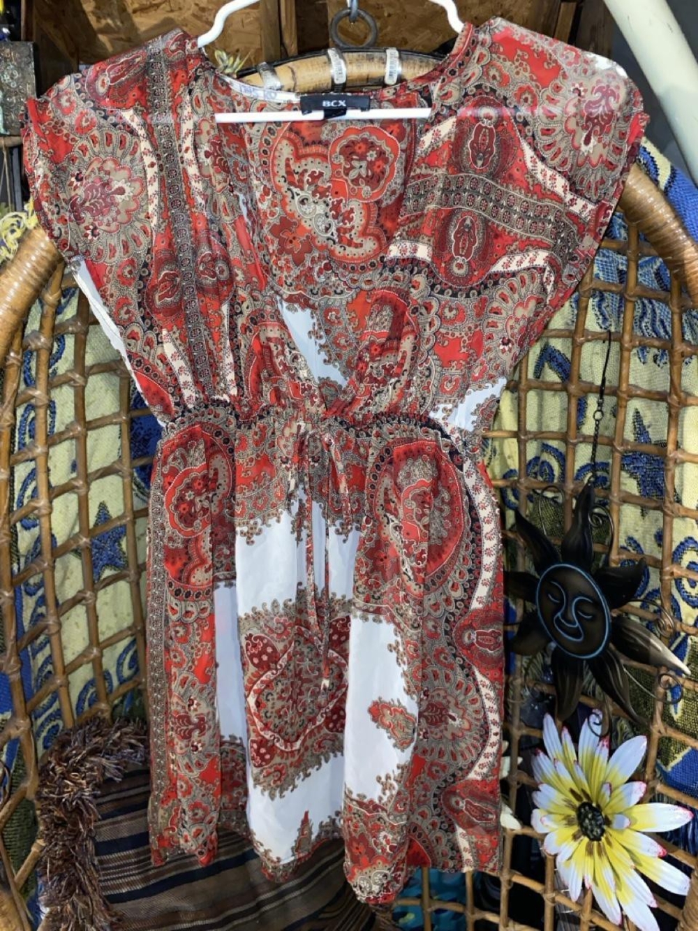 BCX Made in USA Red Cream Paisley Print Boho Tunic Top Cinched Elastic Waist